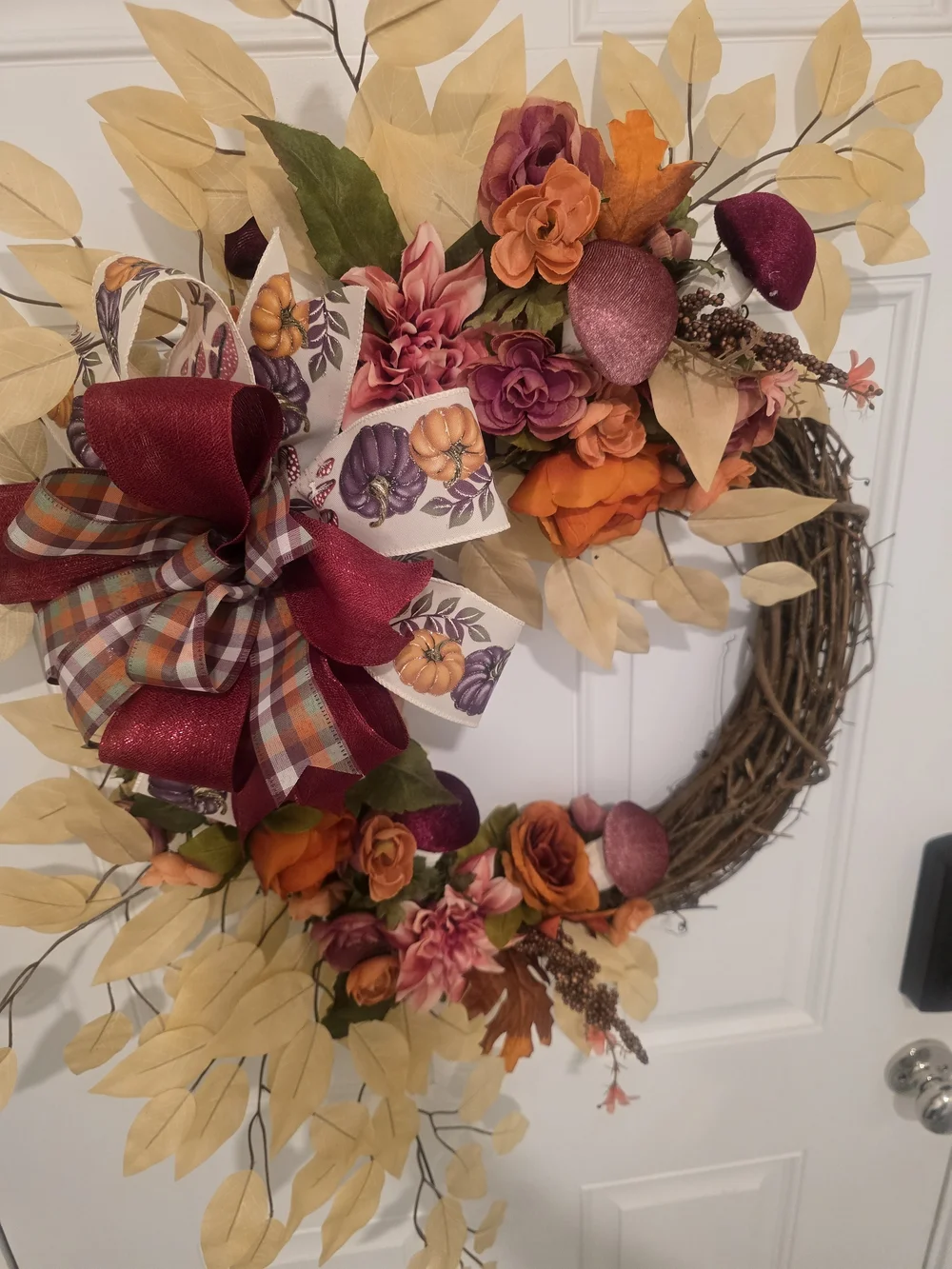 Autumn Floral Grapevine Wreath with Burgundy Bow